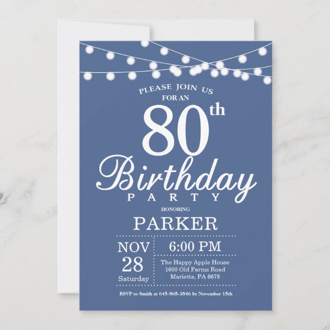 80th Birthday Invitation Blue (Front)