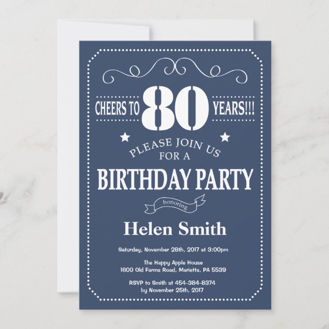 80th Birthday Invitation Blue and White (Front)