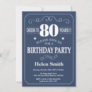 80th Birthday Invitation Blue and White