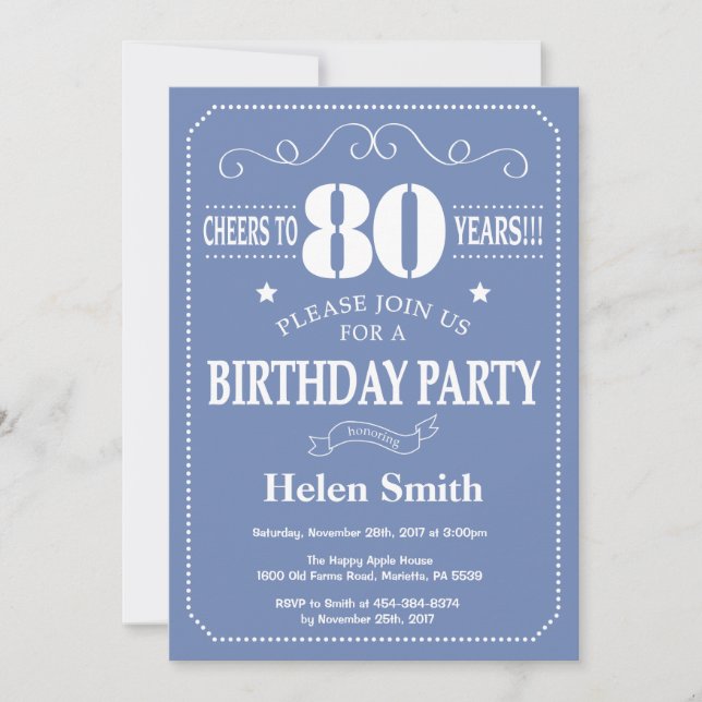 80th Birthday Invitation Blue and White (Front)