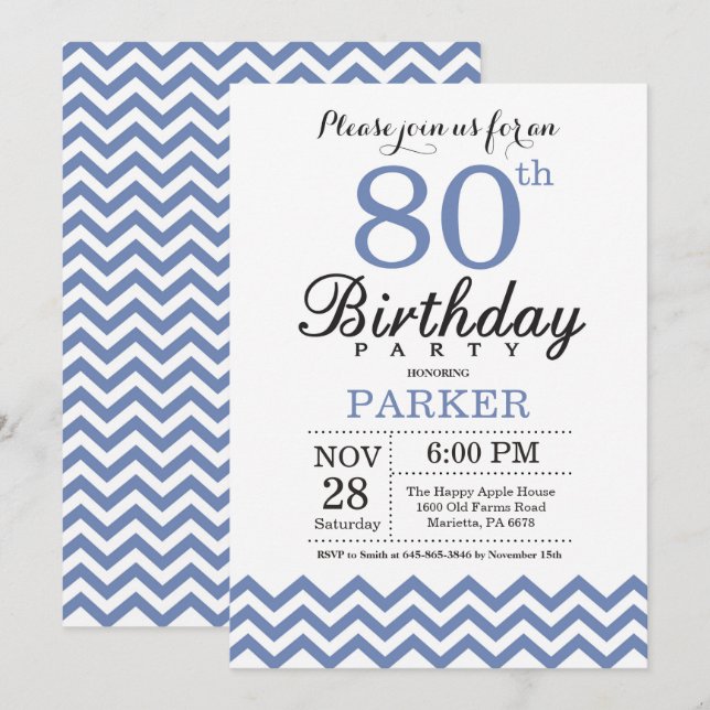 80th Birthday Invitation Blue Chevron (Front/Back)