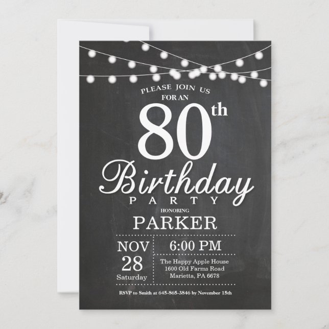 80th Birthday Invitation Chalkboard String Lights (Front)