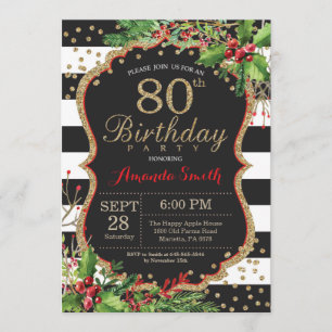 80th Birthday Invitation. Christmas Red Black Gold Invitation