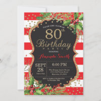 80th Birthday Invitation. Christmas Red Black Gold