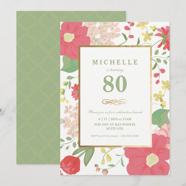 80th Birthday Invitation - Gold, Elegant Floral (Front/Back)