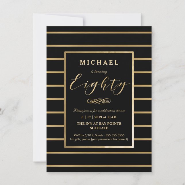 80th Birthday Invitation - Gold, Elegant Masculine (Front)