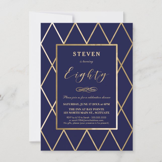 80th Birthday Invitation - Gold, Elegant, Navy (Front)