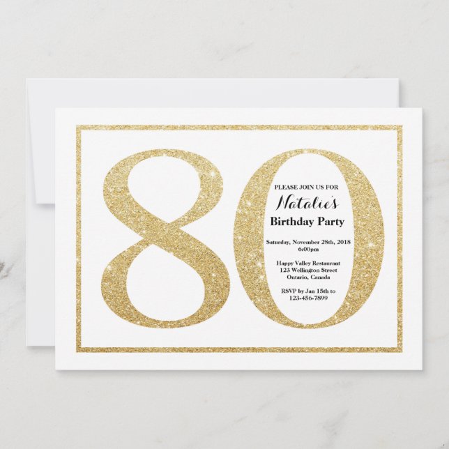 80th Birthday Invitation Gold Glitter (Front)