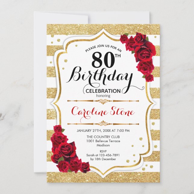 80th Birthday Invitation Gold White Stripes Roses (Front)