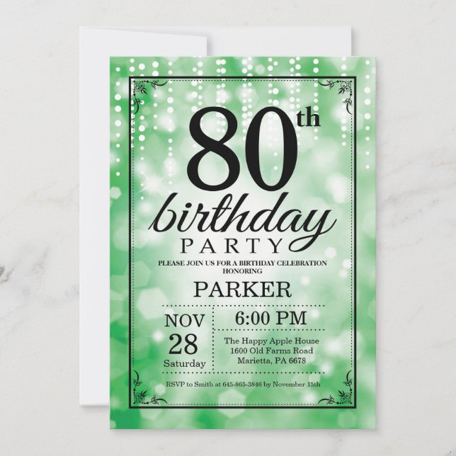 80th Birthday Invitation Green Glitter (Front)