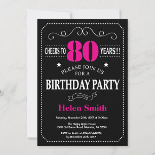 80th Birthday Invitation Hot Pink Black Chalkboard