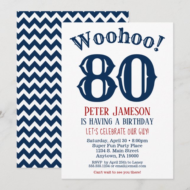 80th Birthday Invitation Mens Navy Blue (Front/Back)