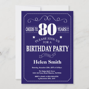 80th Birthday Invitation Navy Blue and White