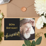 80th birthday invitation photo black for guys<br><div class="desc">Black background with golden music notes. With the text: 80th Birthday! on front. Template for your photo.  A birthday party invitation for men.

Add your event details on back.</div>