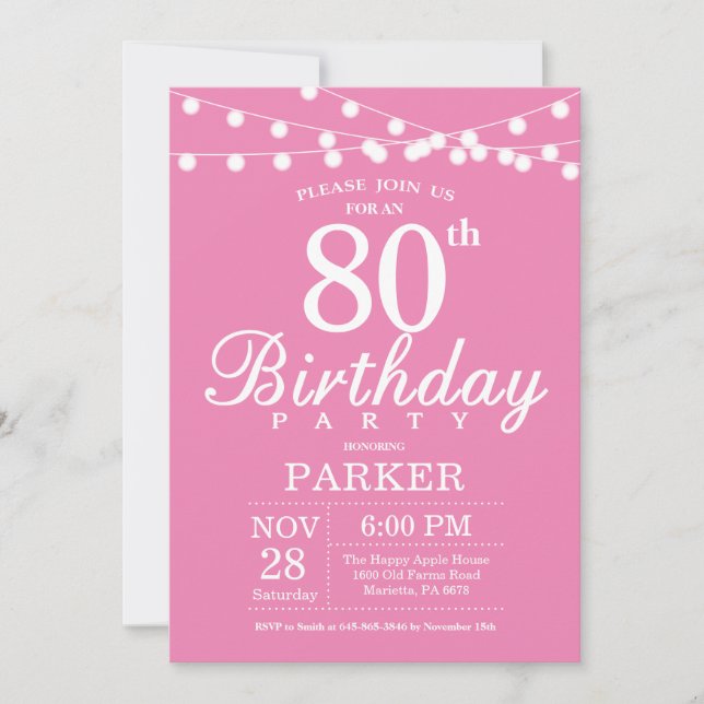 80th Birthday Invitation Pink (Front)