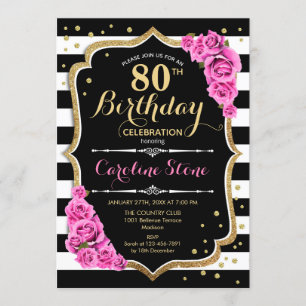 80th Birthday Invitation Pink Black White Stripes