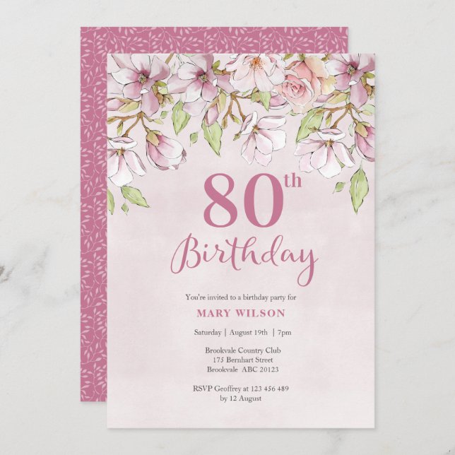 80th Birthday Invitation Pink Floral (Front/Back)