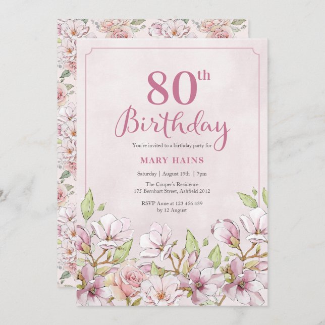 80th Birthday Invitation Pink Floral (Front/Back)