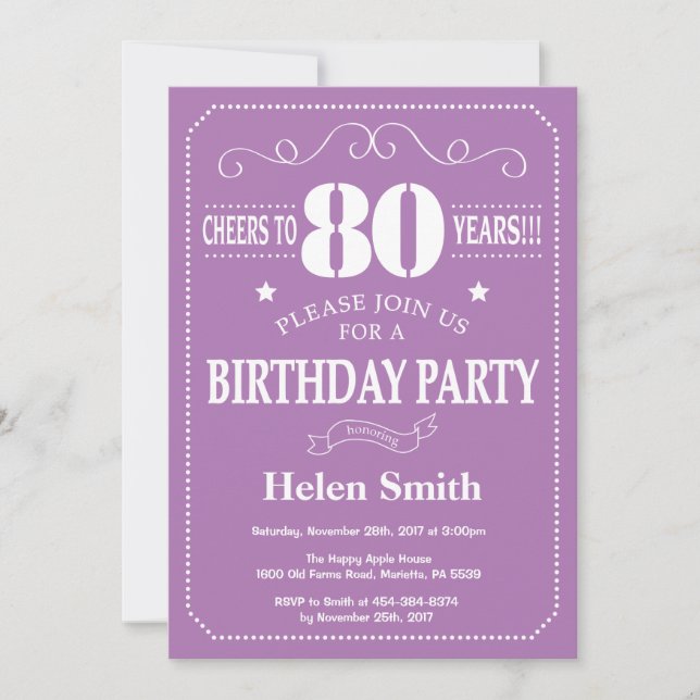 80th Birthday Invitation Purple and White (Front)