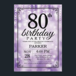 80th Birthday Invitation Purple Glitter<br><div class="desc">80th Birthday Invitation with Purple String Lights with Purple Glitter Background. Purple Birthday. Adult Birthday. Men or Women Bday Invite. 13th 15th 16th 18th 20th 21st 30th 40th 50th 60th 70th 80th 90th 100th, Any age. For further customisation, please click the "Customise it" button and use our design tool to...</div>