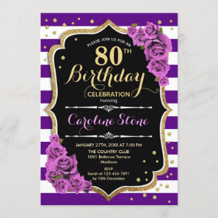 80th Birthday Invitation Purple Gold With Roses