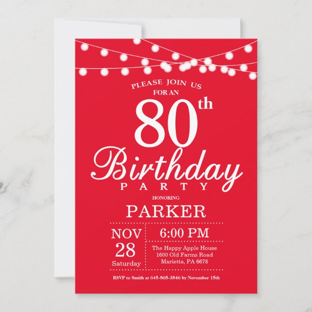 80th Birthday Invitation Red (Front)