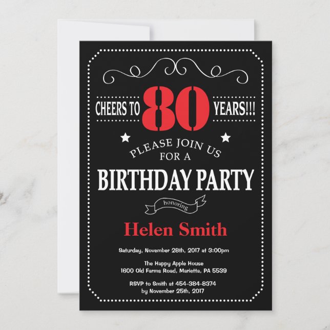 80th Birthday Invitation Red and Black Chalkboard (Front)