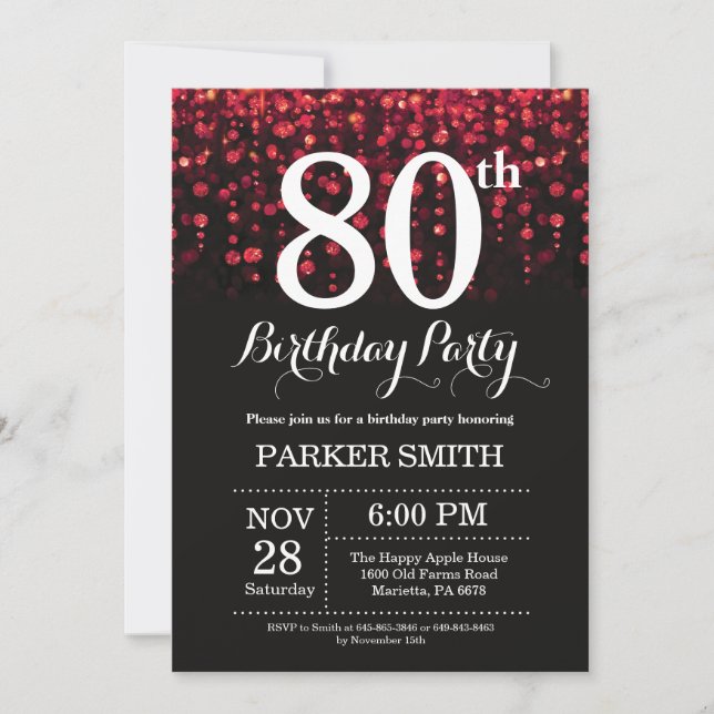 80th Birthday Invitation Red Glitter (Front)