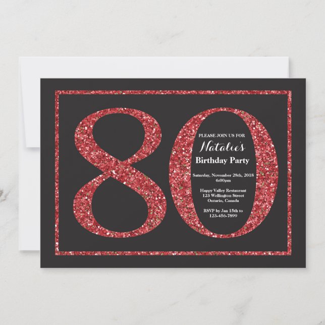 80th Birthday Invitation Red Glitter Chalkboard (Front)