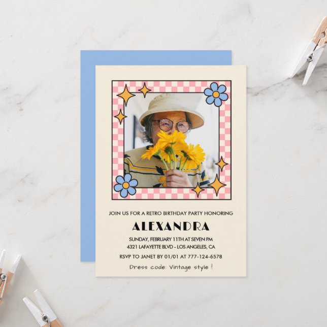 80th birthday invitation Retro Groovy Blue Floral (Front/Back In Situ)