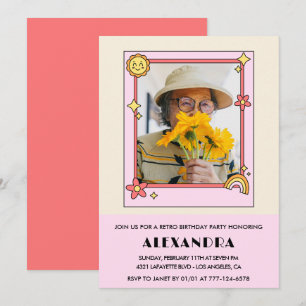 80th birthday invitation Retro Groovy Pink Floral