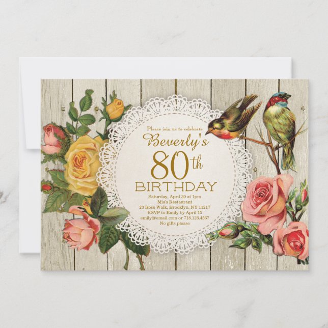 80th Birthday Invitation Rustic Roses Floral Birds (Front)