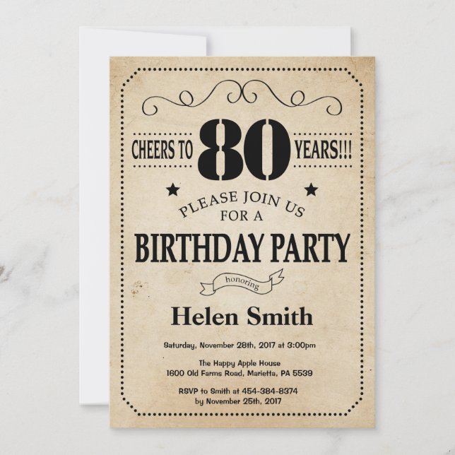 80th Birthday Invitation Rustic Vintage Retro (Front)