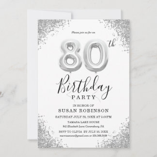 80th Birthday Invitation Silver Balloons