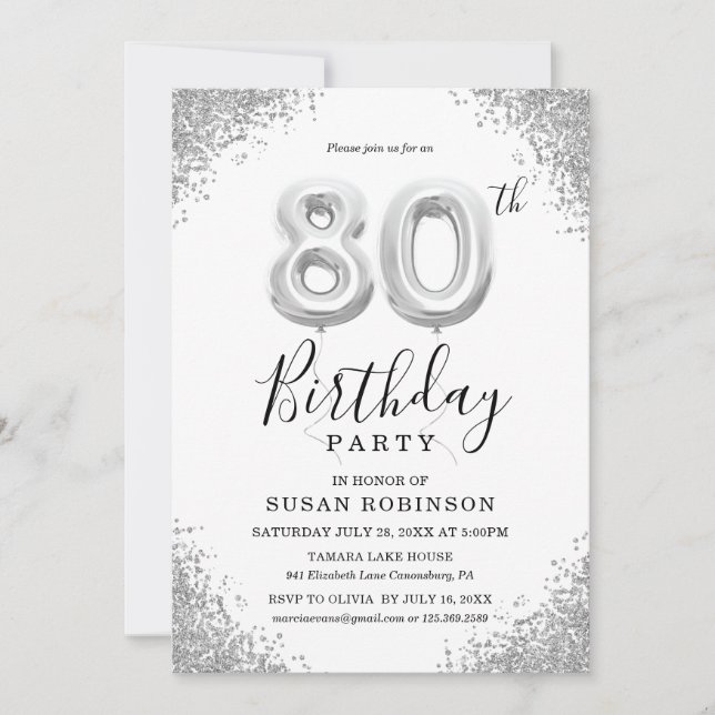 80th Birthday Invitation Silver Balloons (Front)