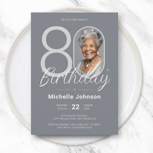80th Birthday Invitation Silver Custom Photo 