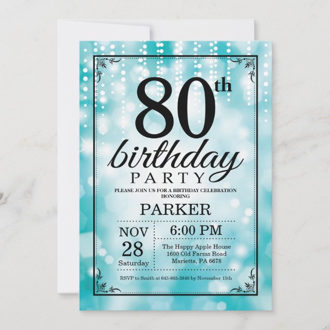 80th Birthday Invitation Teal Glitter (Front)