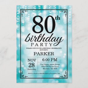 80th Birthday Invitation Teal Glitter