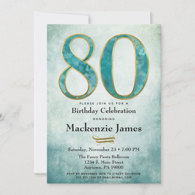 80th Birthday Invitation Turquoise Blue Gold Adult (Front)