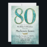 80th Birthday Invitation Turquoise Blue Gold Adult<br><div class="desc">An elegant 80th birthday party invitation in turquoise blue and gold,  featuring a large 80 with painterly abstract blue aqua with gold trim over an abstract ombre blue background. Suitable for men's or women's birthday parties.</div>