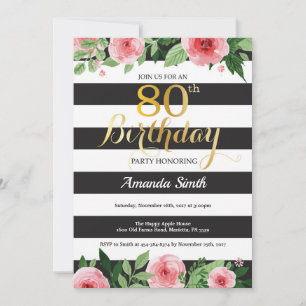 80th Birthday Invitation Women. Floral Gold Black