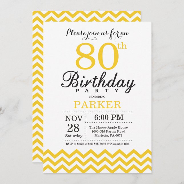 80th Birthday Invitation Yellow Chevron (Front/Back)