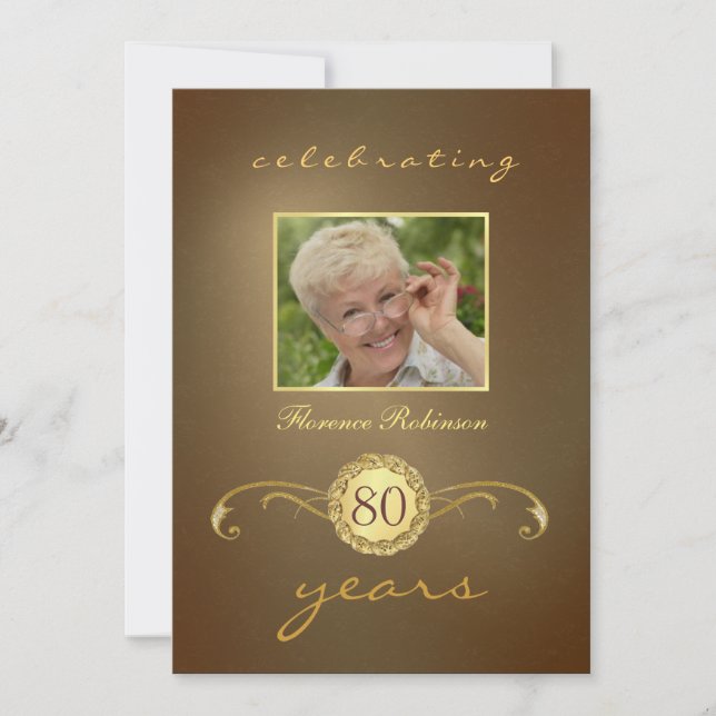 80th Birthday Invitations - Antique Gold Monogram (Front)