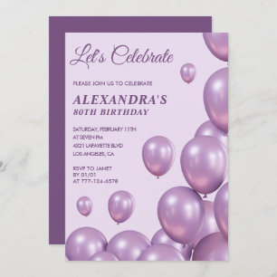 80th birthday invitations Balloons Chic Purple