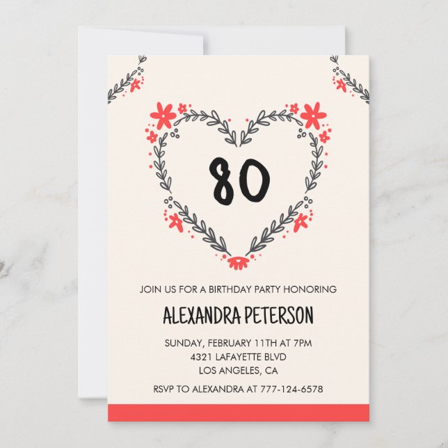 80th birthday invitations for her floral heart (Front)
