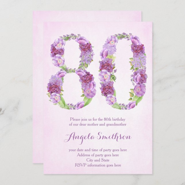 80th birthday invitations for lady, eightieth (Front/Back)