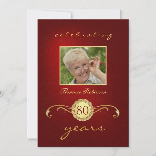 80th Birthday Invitations - Red & Gold Monogram (Front)