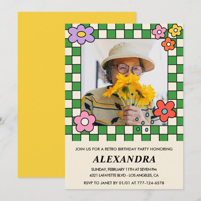 80th birthday invitations Retro Groovy Flowers (Front/Back)