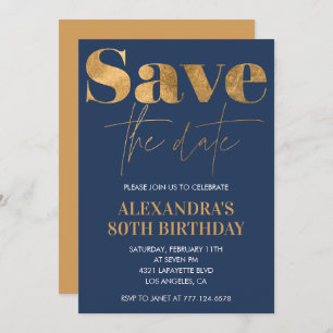 80th birthday invitations Save the date Gold Navy