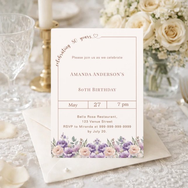 80th birthday ivory lavender florals  invitation (Creator Uploaded)